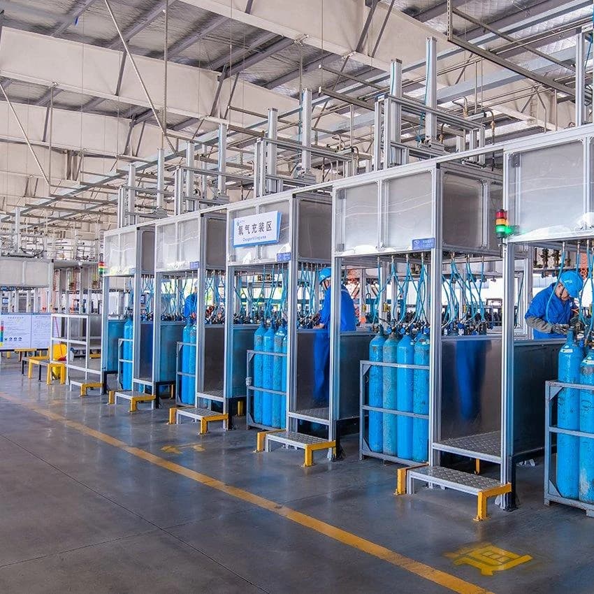 Cylinder filling line image used for production and supply support communication.